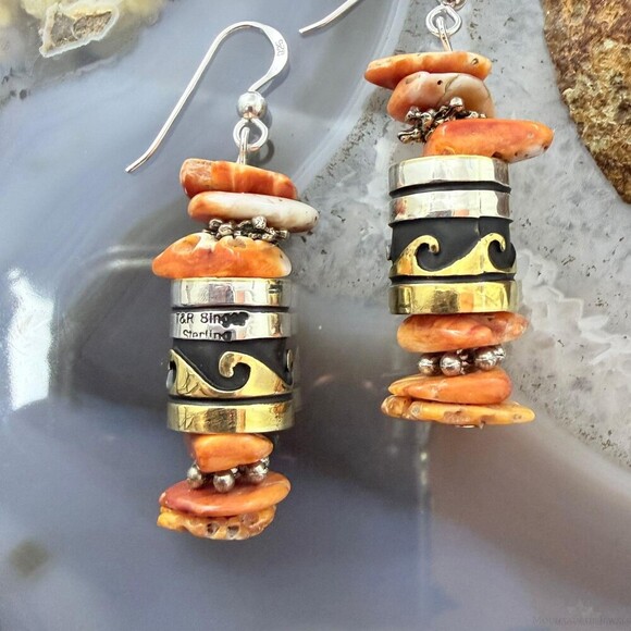 Tommy & Rosita Singer Sterling Silver Orange Spiny Oyster Beads Dangle Earrings